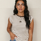 Serena Stripe Ribbed Round Neck Trim Loose Tank Top - Brown