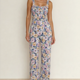 Angelica Square Neckline Stretch High Waist Jumpsuit - Purple Floral
