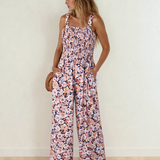 Angelica Square Neckline Stretch High Waist Jumpsuit - Pink Floral
