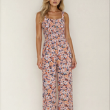 Angelica Square Neckline Stretch High Waist Jumpsuit - Pink Floral