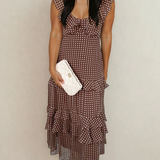 Irene Coffee Polka Dot Print Backless Ruffled Tiered Maxi Dress