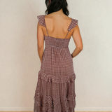 Irene Coffee Polka Dot Print Backless Ruffled Tiered Maxi Dress