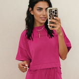 Drop Shoulder Boxy Tee and Barrel Pants Set - Rose Red