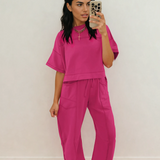 Drop Shoulder Boxy Tee and Barrel Pants Set - Rose Red