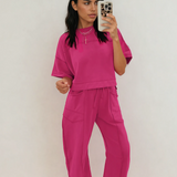 Drop Shoulder Boxy Tee and Barrel Pants Set - Rose Red