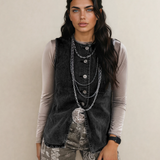 PREORDER - Jolene Vest Buttoned Front Slit Denim Vest - Black