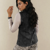 PREORDER - Jolene Vest Buttoned Front Slit Denim Vest - Black