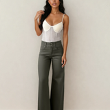 Brooke 2-Button High Waist Flared Bottom Jeans - Olive