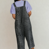 Leopard Print Button Adjustable Straps Cropped Loose Denim Overalls