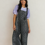 Leopard Print Button Adjustable Straps Cropped Loose Denim Overalls
