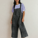 Leopard Print Button Adjustable Straps Cropped Loose Denim Overalls