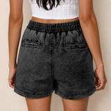 Drawstring High Waist Pocketed Denim Shorts - Black