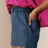 Scalloped Hemline Light Wash Denim Shorts - Blue