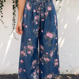 Monroe Floral Print Button Tie Elastic Waist Wide Leg Jeans