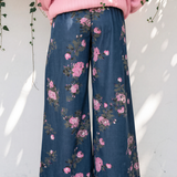 Monroe Floral Print Button Tie Elastic Waist Wide Leg Jeans