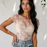 Jolie Exposed Seam Ruched Sheer Floral Mesh Top