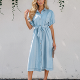 Giselle Full Buttons Collared Short Bubble Sleeve Long Denim Dress - Light Wash