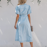Giselle Full Buttons Collared Short Bubble Sleeve Long Denim Dress - Light Wash