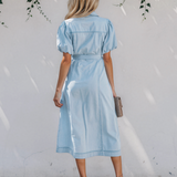 Giselle Collared Short Bubble Sleeve Long Denim Dress