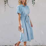 Giselle Full Buttons Collared Short Bubble Sleeve Long Denim Dress - Light Wash