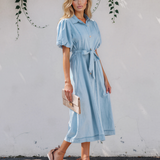 Giselle Collared Short Bubble Sleeve Long Denim Dress
