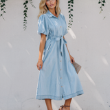 Giselle Full Buttons Collared Short Bubble Sleeve Long Denim Dress - Light Wash