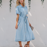 Giselle Collared Short Bubble Sleeve Long Denim Dress