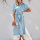 Giselle Full Buttons Collared Short Bubble Sleeve Long Denim Dress - Light Wash