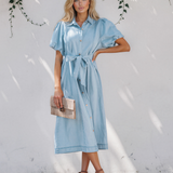 Giselle Collared Short Bubble Sleeve Long Denim Dress