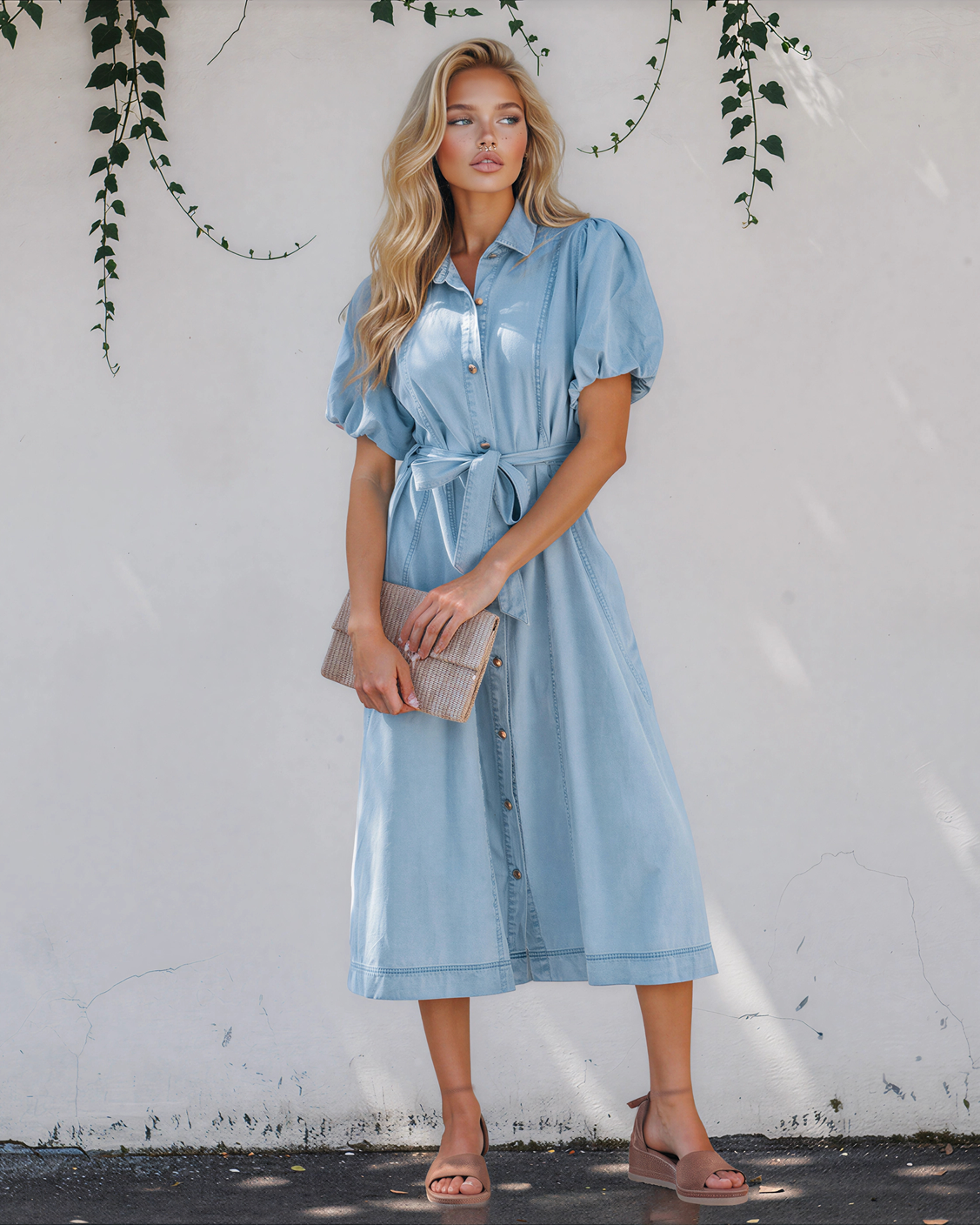 Giselle Full Buttons Collared Short Bubble Sleeve Long Denim Dress - Light Wash M | Indie & Co