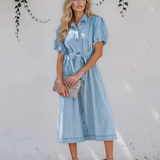 Giselle Full Buttons Collared Short Bubble Sleeve Long Denim Dress - Light Wash
