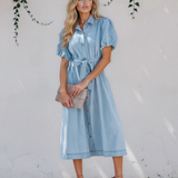 Giselle Collared Short Bubble Sleeve Long Denim Dress