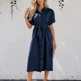 Giselle Full Buttons Collared Short Bubble Sleeve Long Denim Dress - Dark Wash