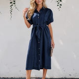 Giselle Collared Short Bubble Sleeve Long Denim Dress