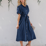 Giselle Full Buttons Collared Short Bubble Sleeve Long Denim Dress - Dark Wash