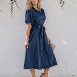Giselle Collared Short Bubble Sleeve Long Denim Dress