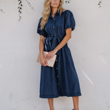 Giselle Full Buttons Collared Short Bubble Sleeve Long Denim Dress - Dark Wash