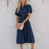 Giselle Collared Short Bubble Sleeve Long Denim Dress