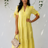 Faye Gingham Textured Bow Tie Short Sleeve Tiered Midi Dress - Yellow