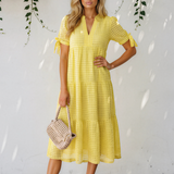 Faye Gingham Textured Bow Tie Short Sleeve Tiered Midi Dress