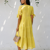 Faye Gingham Textured Bow Tie Short Sleeve Tiered Midi Dress - Yellow
