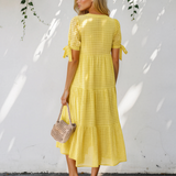Faye Gingham Textured Bow Tie Short Sleeve Tiered Midi Dress