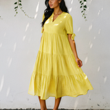 Faye Gingham Textured Bow Tie Short Sleeve Tiered Midi Dress - Yellow
