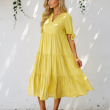 Faye Gingham Textured Bow Tie Short Sleeve Tiered Midi Dress