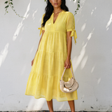 Faye Gingham Textured Bow Tie Short Sleeve Tiered Midi Dress - Yellow