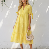 Faye Gingham Textured Bow Tie Short Sleeve Tiered Midi Dress