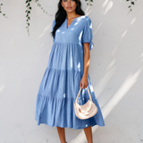 Faye Gingham Textured Bow Tie Short Sleeve Tiered Midi Dress - Blue