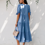 Faye Gingham Textured Bow Tie Short Sleeve Tiered Midi Dress - Blue