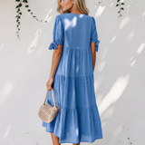 Faye Gingham Textured Bow Tie Short Sleeve Tiered Midi Dress