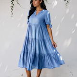 Faye Gingham Textured Bow Tie Short Sleeve Tiered Midi Dress - Blue
